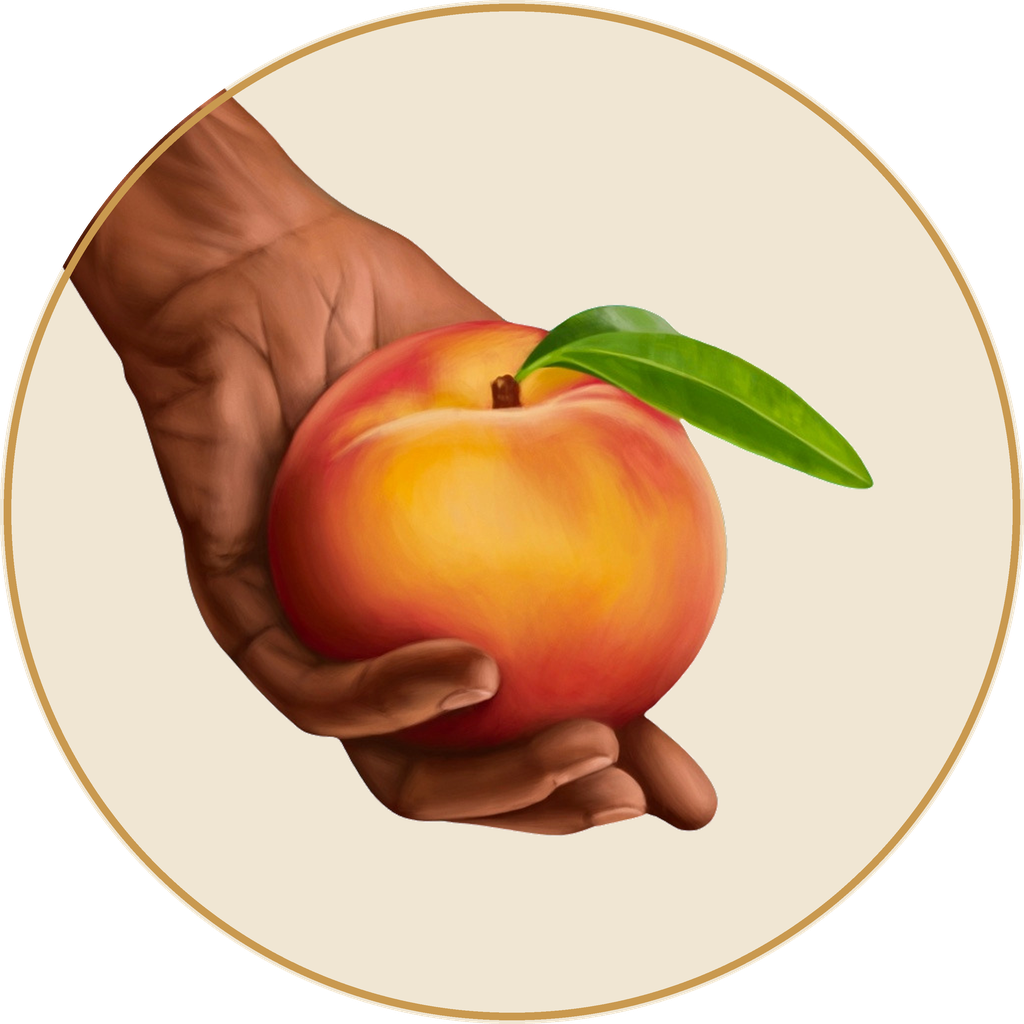The seal of The Juneteenth Story: a hand offering a peach on cream, ringed in gold