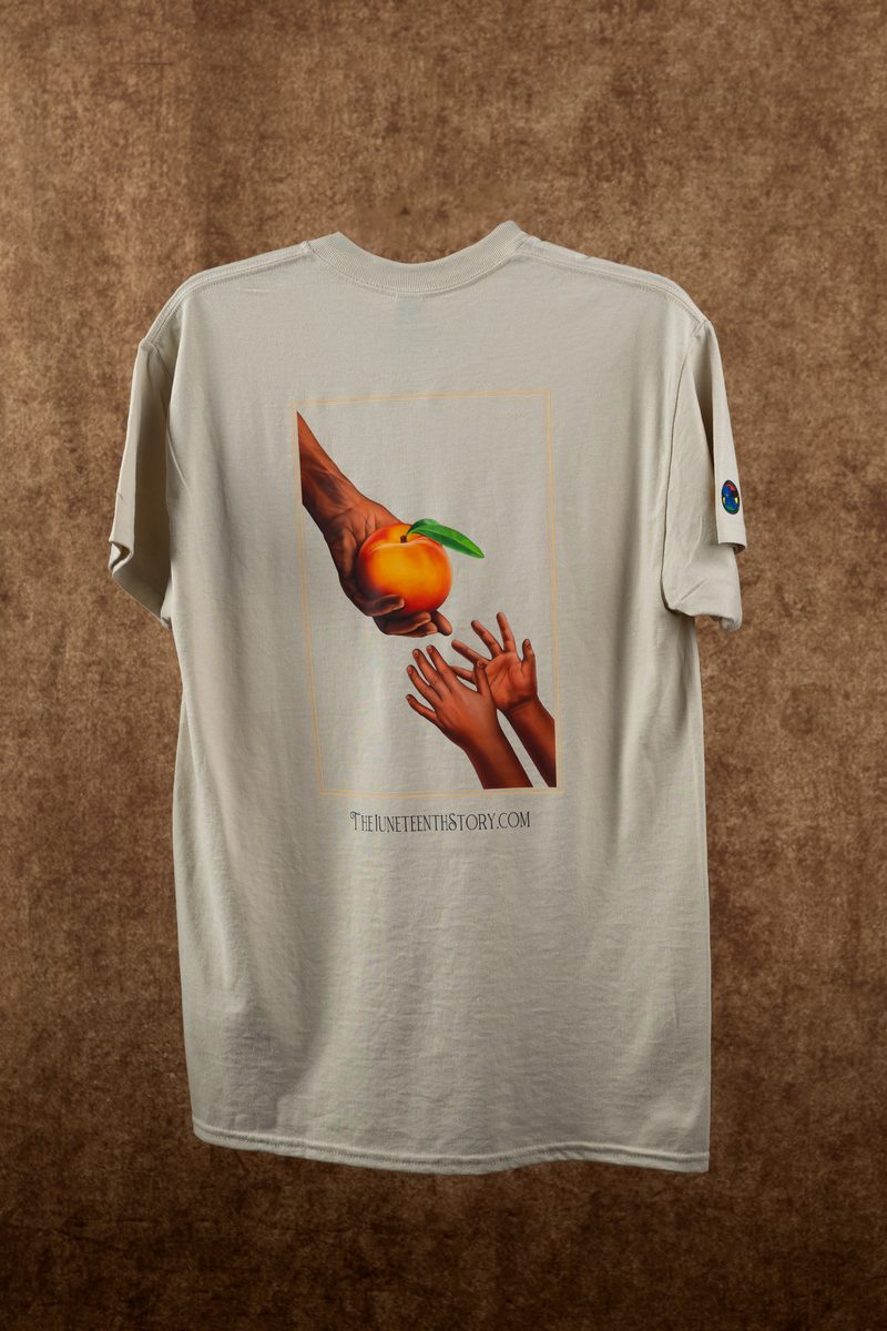 Cream t-shirt with an orange reaching toward open hands