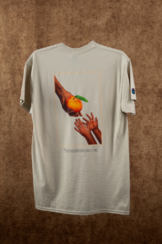 Cream t-shirt with an orange reaching toward open hands